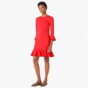 Kate Spade Ponte Ruffle Flounce Shift Dress Medium Red Long Sleeves Ruffle NEW
